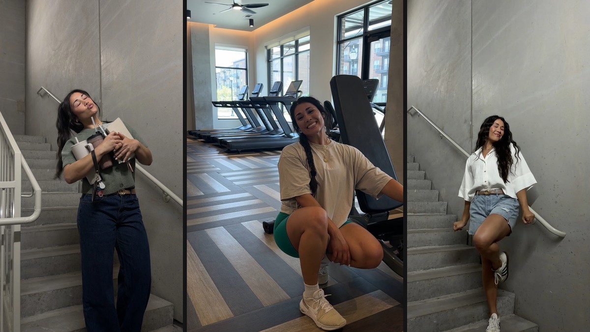 Renee Maldonado, Christian fitness coach and founder of Rich Glow, in the gym and on a stairwell